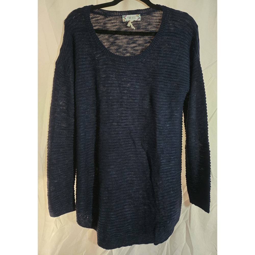 Pink Rose Women's Tunic Sweater Size L Navy Blue Acrylic Super Soft EUC